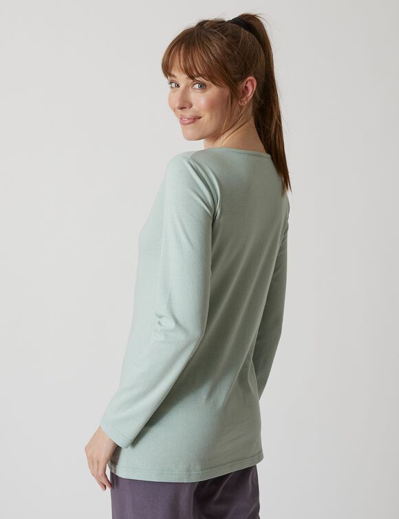 Tee-shirt manches longues coton uni imprimé placé "Beautiful" (céladon) Tee-shirt manches longues coton uni imprimé placé "Beautiful" (céladon)